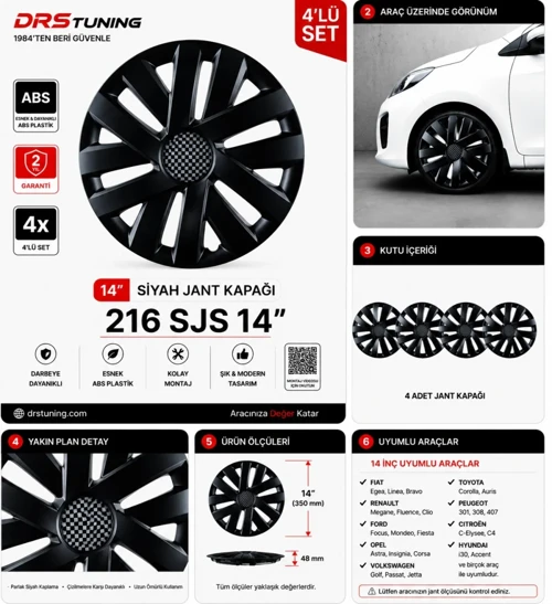 Chery Uyumlu 14 Inc Kırılmaz Parlak Siyah Jant Kapağı 1 Takım 4 Adet No:216