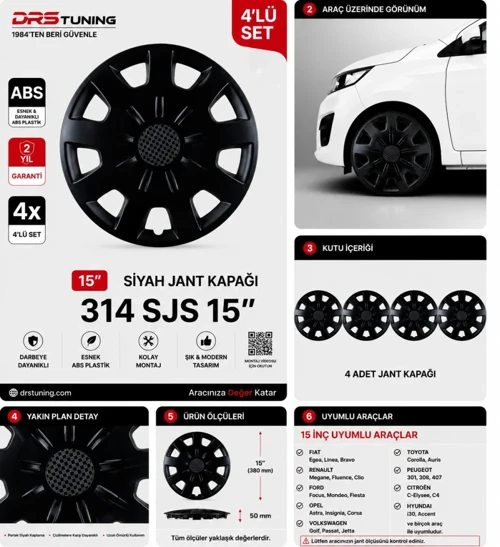 Citroen Uyumlu 15 Inç Kırılmaz Parlak Siyah Jant Kapağı 1 Takım 4 Adet No:314