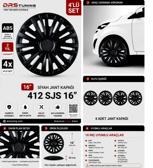 Ford Uyumlu 16 Inc Kırılmaz Parlak Siyah Jant Kapağı 1 Takım 4 Adet No:412