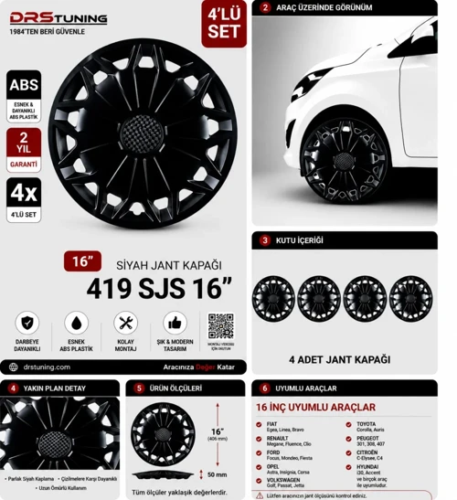 Lada Uyumlu 16 Inç Kırılmaz Parlak Siyah Jant Kapağı 1 Takım 4 Adet No:419