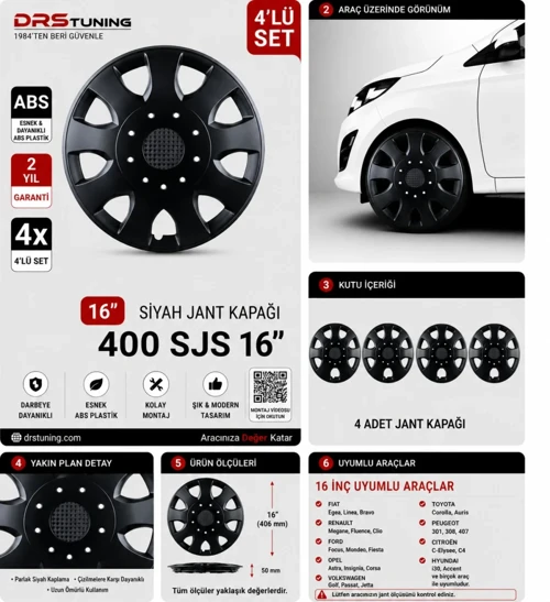 Skoda Uyumlu 16 Inc Kırılmaz Parlak Siyah Jant Kapağı 1 Takım 4 Adet No:400