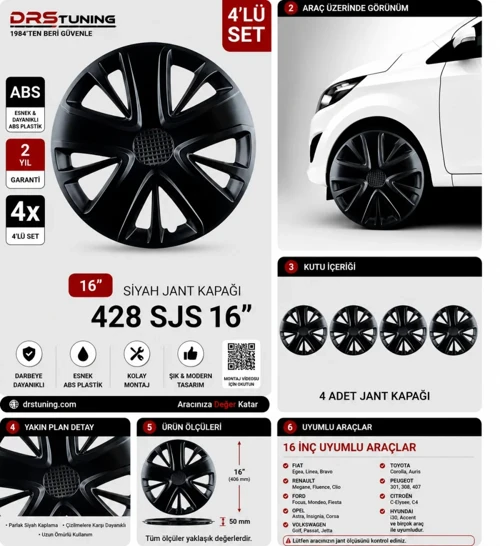 Seat Uyumlu 16 Inç Kırılmaz Parlak Siyah Jant Kapağı 1 Takım 4 Adet No:428