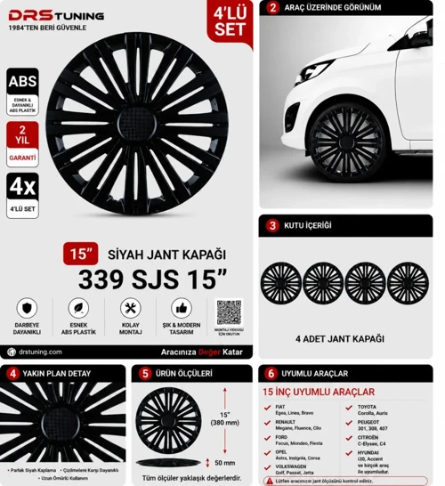 Renault Uyumlu 15 Inc Kırılmaz Parlak Siyah Jant Kapağı 1 Takım 4 Adet No:339
