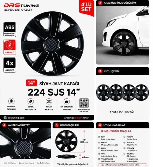 Chery Uyumlu 14 Inc Kırılmaz Parlak Siyah Jant Kapağı 1 Takım 4 Adet No:224