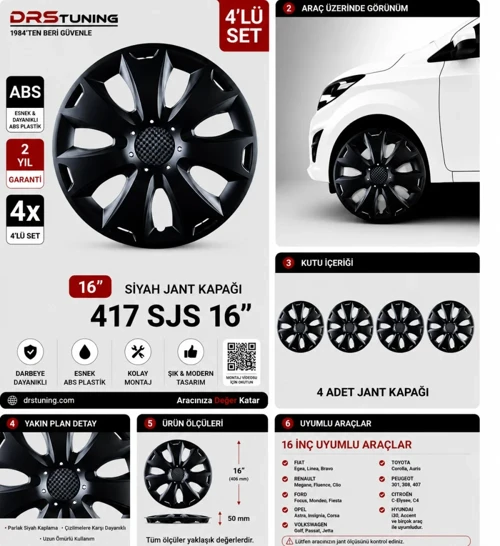 Toyota Uyumlu 16 Inç Kırılmaz Parlak Siyah Jant Kapağı 1 Takım 4 Adet No:417