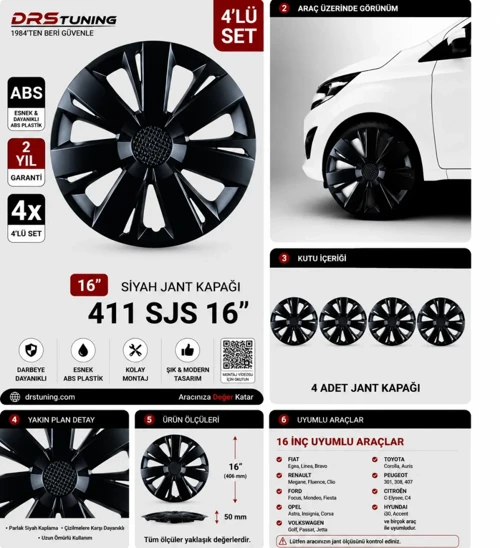 Nissan Uyumlu 16 Inc Kırılmaz Parlak Siyah Jant Kapağı 1 Takım 4 Adet No:411