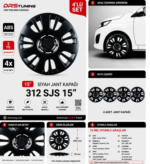 Honda Uyumlu 15 Inc Kırılmaz Parlak Siyah Jant Kapağı 1 Takım 4 Adet No:312