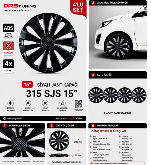 Hyundai 15 Inc Kırılmaz Parlak Siyah Jant Kapağı Uyumlu 1 Takım 4 Adet No:315