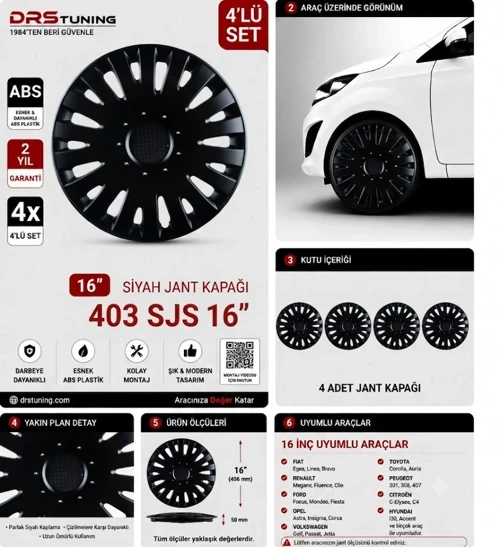 Toyota Uyumlu 16 Inc Kırılmaz Parlak Siyah Jant Kapağı 1 Takım 4 Adet No:403
