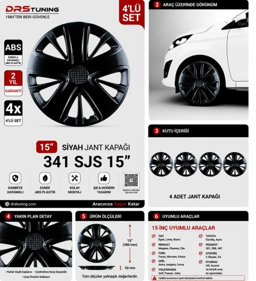 Kia Uyumlu 15 Inc Kırılmaz Parlak Siyah Jant Kapağı 1 Takım 4 Adet No:341