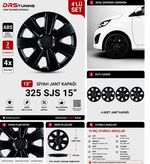 Kia Uyumlu 15 Inç Kırılmaz Parlak Siyah Jant Kapağı 1 Takım 4 Adet No:325