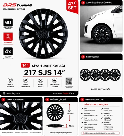 Honda Uyumlu 14 Inc Kırılmaz Parlak Siyah Jant Kapağı 1 Takım 4 Adet No:217