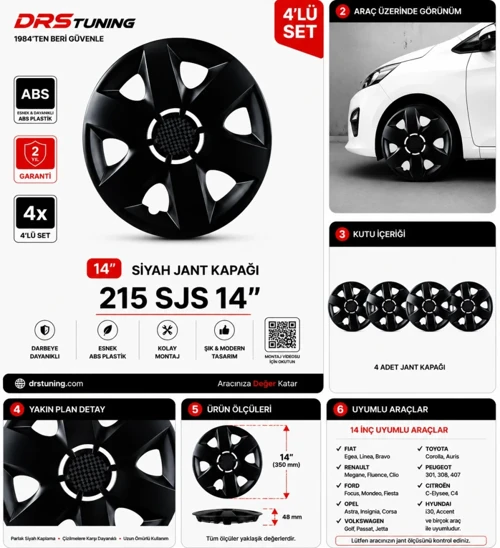 Chery Uyumlu 14 Inc Kırılmaz Parlak Siyah Jant Kapağı 1 Takım 4 Adet No:215