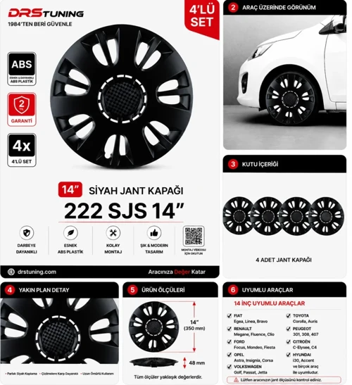 Nissan Uyumlu 14 Inc Kırılmaz Parlak Siyah Jant Kapağı 1 Takım 4 Adet No:222