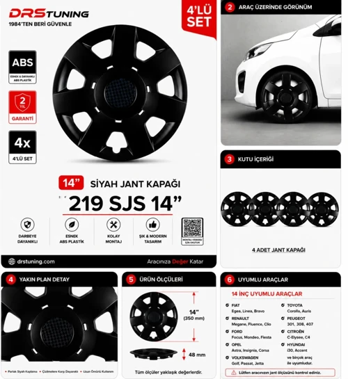 Seat Uyumlu 14 Inç Kırılmaz Parlak Siyah Jant Kapağı 1 Takım 4 Adet No:219