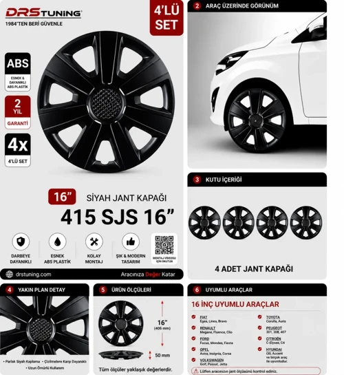Honda Uyumlu 16 Inc Kırılmaz Parlak Siyah Jant Kapağı 1 Takım 4 Adet No:415