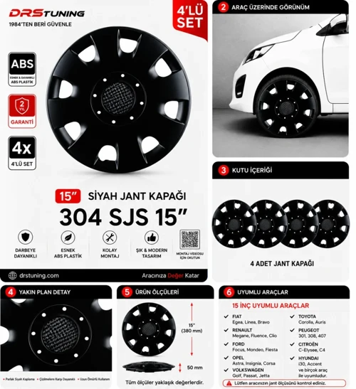 Opel Uyumlu 15 Inc Kırılmaz Parlak Siyah Jant Kapağı 1 Takım 4 Adet No:304
