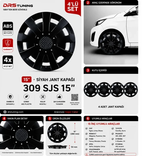 Fiat Uyumlu 15 Inç Kırılmaz Parlak Siyah Jant Kapağı 1 Takım 4 Adet No:309