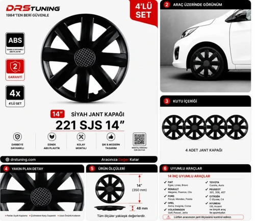 Volkswagen Uyumlu 14 Inç Kırılmaz Parlak Siyah Jant Kapağı 1 Takım 4 Adet No:221