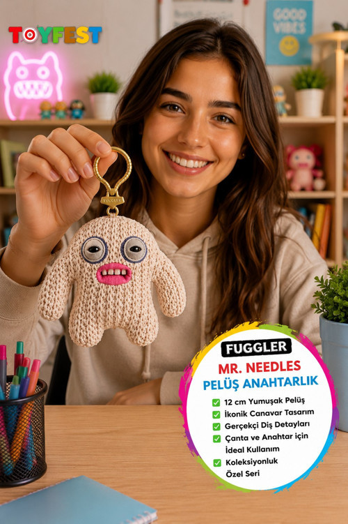 Fuggler Krem Örgü Mr. Needles Peluş Anahtarlık Seri 6 Orijinal ZURU Koleksiyon Çanta Süsü 11.5 cm
