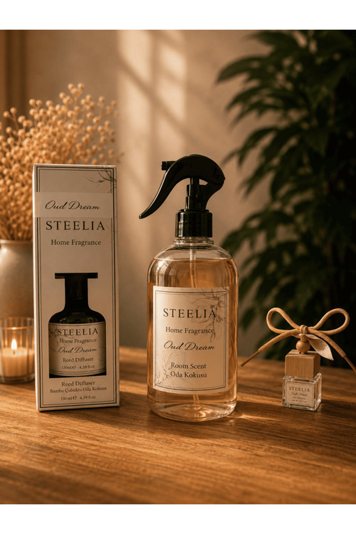 3’lü Premium Oda Kokusu Seti | Oud Dream | 550 ML Oda Spreyi + 120 ML Bambu Oda Kokusu + 8 ML Araç Kokusu