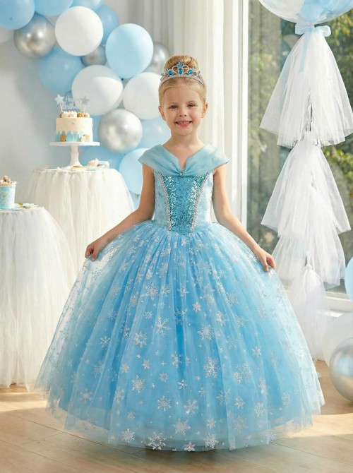 Kız Çocuk Kostüm Mavi Elsa Frozen Düşük Omuz Detaylı Kasnaklı Kabarık Elsa Kostüm 3-8 Yaş TAÇ HEDİYELİ