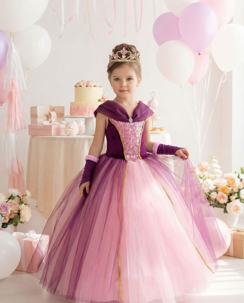 Kız Çocuk Kostüm Rapunzel Mor Düşük Omuz Detaylı Kasnaklı Kabarık Prenses Elbise 3-8 Yaş Taç ve Eldiven HEDİYELİ