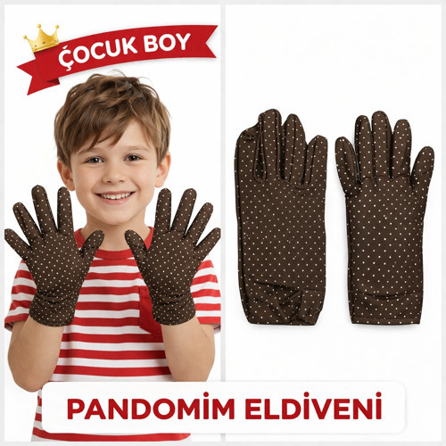 Çocuk Boy Pandomim Eldiveni Beyaz Puantiyeli Kahve Renk Gösteri Eldiveni 23 Nisan 19 Mayıs (5477)