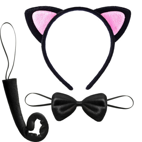 Kedi Kulak Taç Kuyruk ve Papyon 3 lü Set Çocuk Boy Pembe Renk (5477)