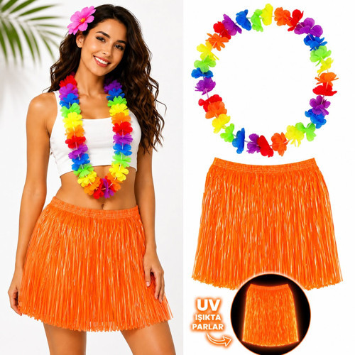 Neon Turuncu Hawaii Etek 40 cm ve Rengarenk Hawaii Kolye (5477)