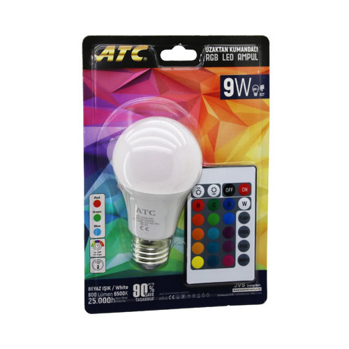 ATC-RGB-9W KUMANDALI 9W=60W RGB=16-RENKLİ LED AMPUL E27 800 LÜMEN 6500K 25.000 SAAT ÖMÜR (5477)