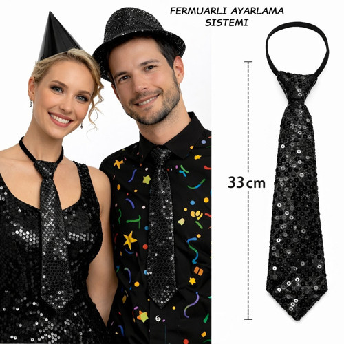 Siyah Renk Pul Payetli Işıltılı Parti Kravatı 33 cm (5477)