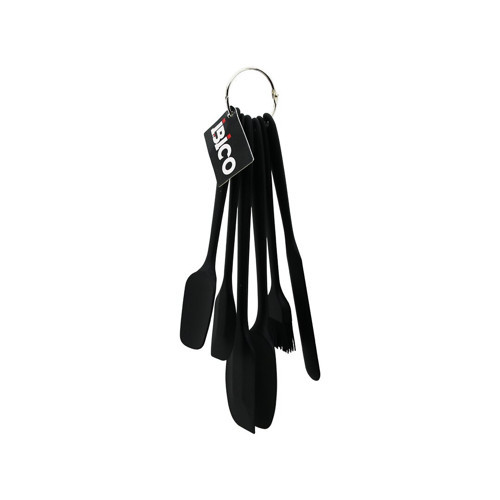6PCS SİLİKON - SİYAH MUTFAK SETİ 2 KAŞIK - 3 SPATULA - YUMURTA FIRÇA METAL ASMA HALKALI (5477)