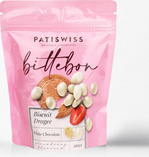 Bittebon Çilek Aromalı Beyaz Çikolatalı Bisküvi Draje 120g