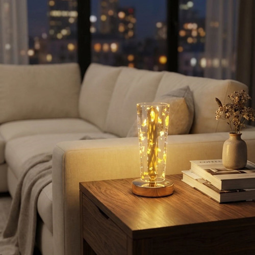 Silindirik Kristal Altın Toz Model LED Masa Lambası – Gold Tabanlı, Dokunmatik, 3 Renk Işık Modlu, Ş