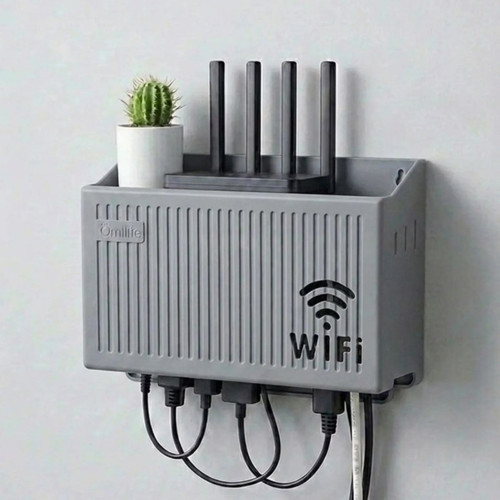 Duvar Tipi Wi-Fi Modem Saklama Kutusu(Gri) – Kablo Düzenleyici Router Raf Organizer (5477)