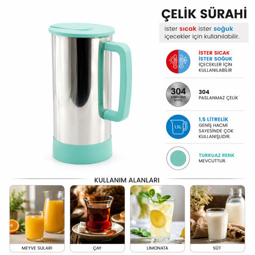 TURKUAZ - PASLANMAZ ÇELİK SICAK - SOĞUK ÇELİK SÜRAHİ (5477)