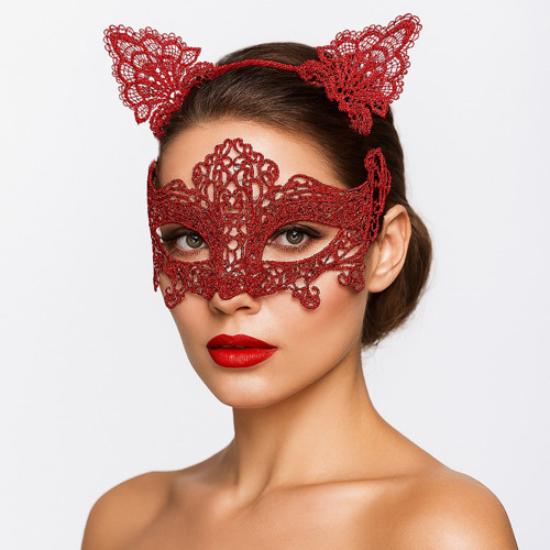 Romantik Kırmızı Dantel Maske Seti – Kedi Kulaklı Taç ve Maske 3 No (5477)