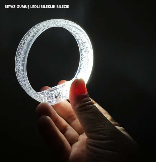 Beyaz-Gümüş Led Işıklı Baskı Yapılabilen Pilli Bileklik Bilezik 1,5 cm Genişlik (5477)