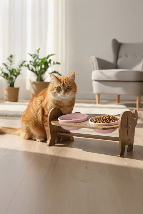 Ahşap Özel Isim Baskılı, Kedi Mama Seramik Su Kabı Standı Hediye Kedi Halısı