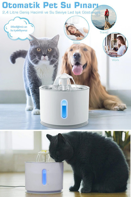 Kedi Köpek Su Çeşmesi Su Pınarı Kabı Led Işık Göstergeli