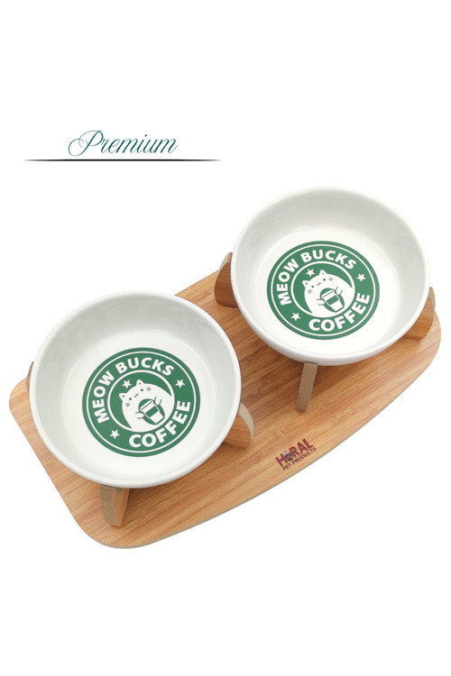 Kaydırmaz Tabanlı Seramik Kaseli Ahşap Mama Ve Su Kabı – Meow Bucks Coffee