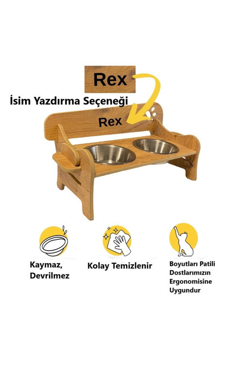 Özel Isim Baskılı, Ahşap, Kademeli, Eğimli, Çelik Kaseli, Kedi-köpek Mama Ve Su Kabı Stantı