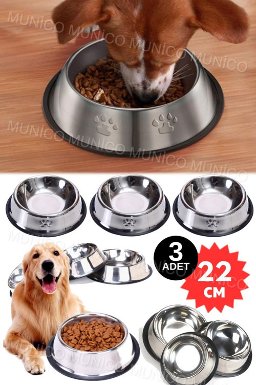 3 Adet 22 Cm Munico Kaymaz Metal Mama Kabı, Kolay Estetik Paslanmaz Çelik Mama Kabı