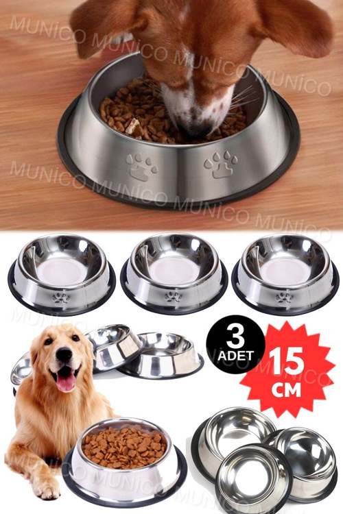 3 Adet 15 Cm Modern Tasarım Kaymaz Metal Köpek Mama Kabı Yüksek Kaliteli Premium Paslanmaz Çelik