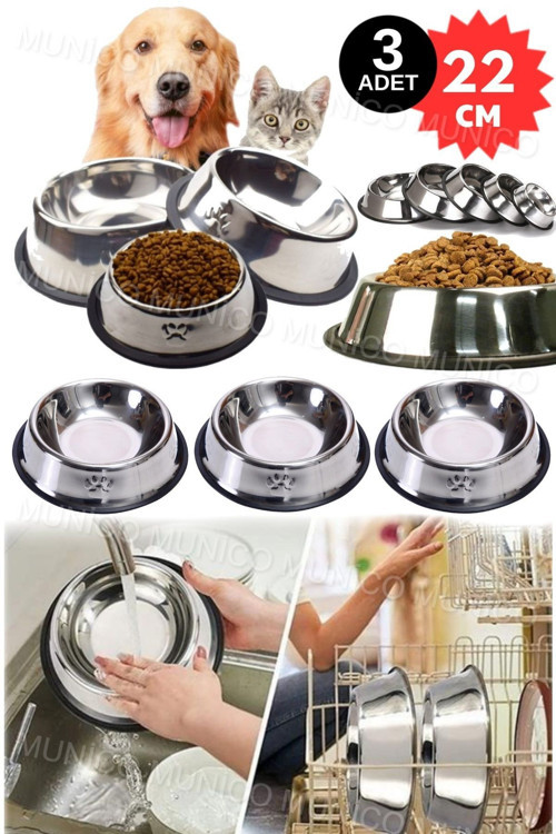 3 Adet 22 Cm Paslanmaz Tasarımıyla Sabit Duran Köpek Mama Kabı Kaymaz Taban Premium Paslanmaz