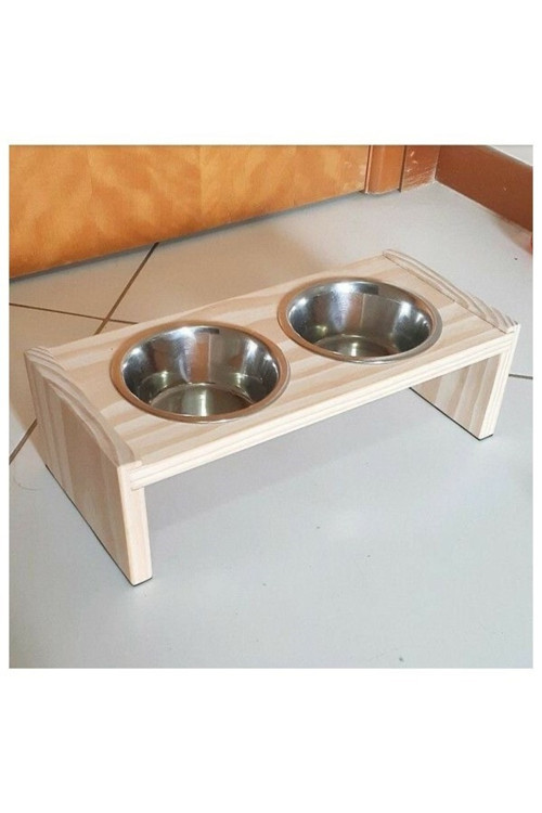 Çift Gözlü Doğal Ahşap Kedi-köpek Mama Ve Su Kabı