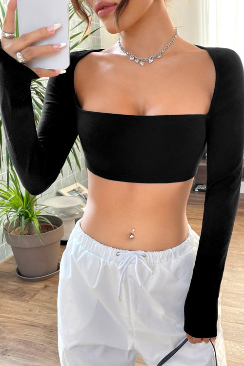 Kadın Siyah Uzun Kol Göğüs ve Sırt Dekolteli Crop Top Bluz