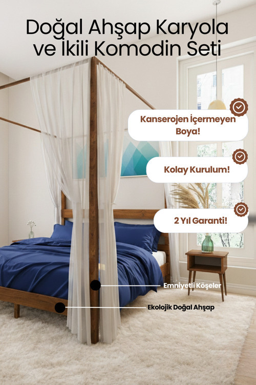 Natura Cibinlikli Masif Çam Karyola Ve 2 Adet Komodin Seti