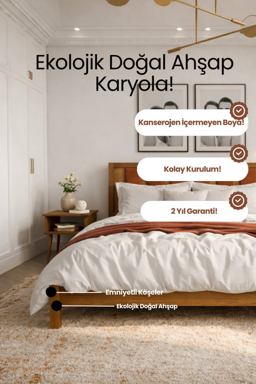 Orion Kiremit Puflu Başlık Masif Ahşap Karyola